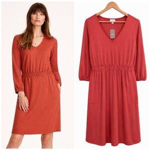J. Jill Cinnabar Smocked Waist A-Line Dress V-Neck Midi M NWT Classic Casual